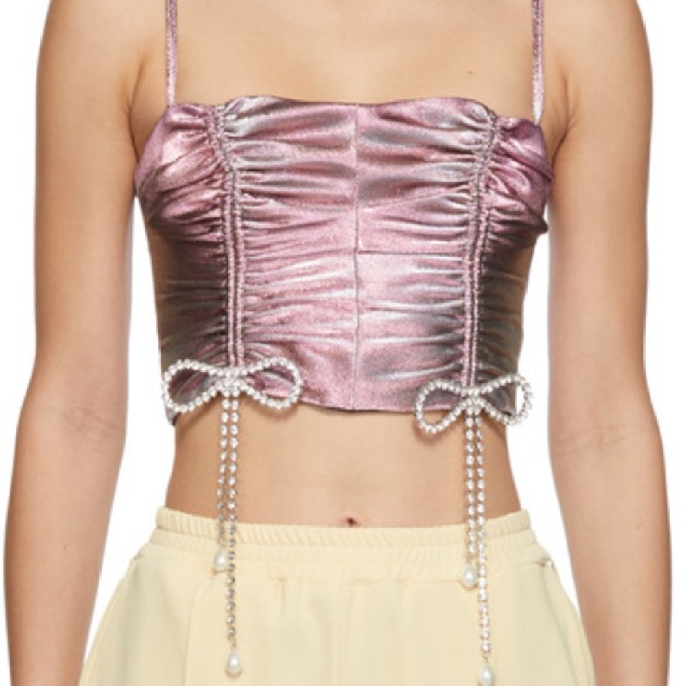 pink crystal bow ruched crop top, XS